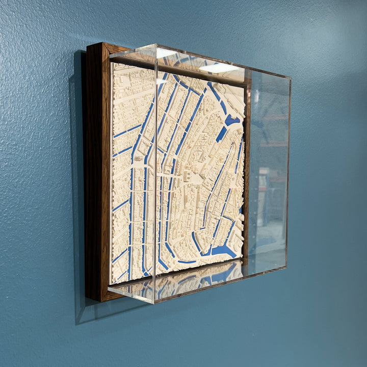 3D map of Amsterdam with dark frame, acrylic case and blue coloured water