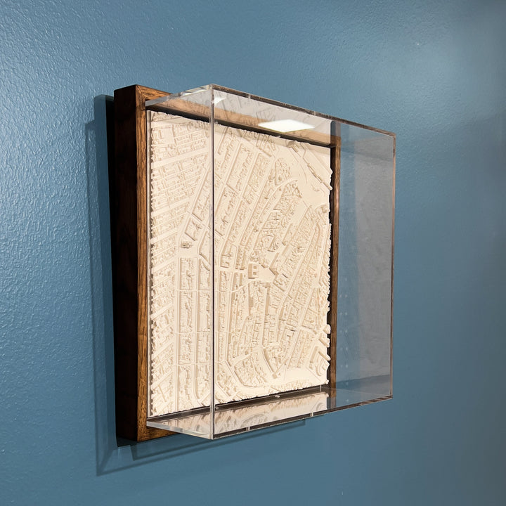 3D map of Amsterdam with a dark frame and acrylic case