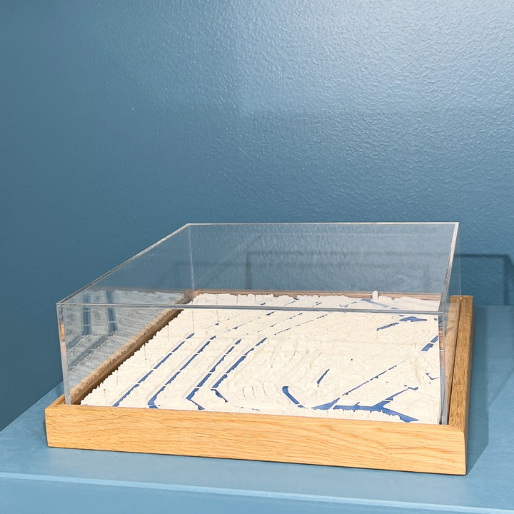 3D map of Amsterdam with a light frame, acrylic case and blue coloured water