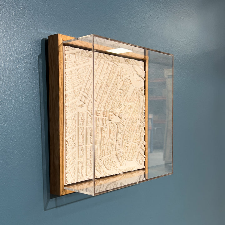 3D map of Amsterdam with a light frame and acrylic case
