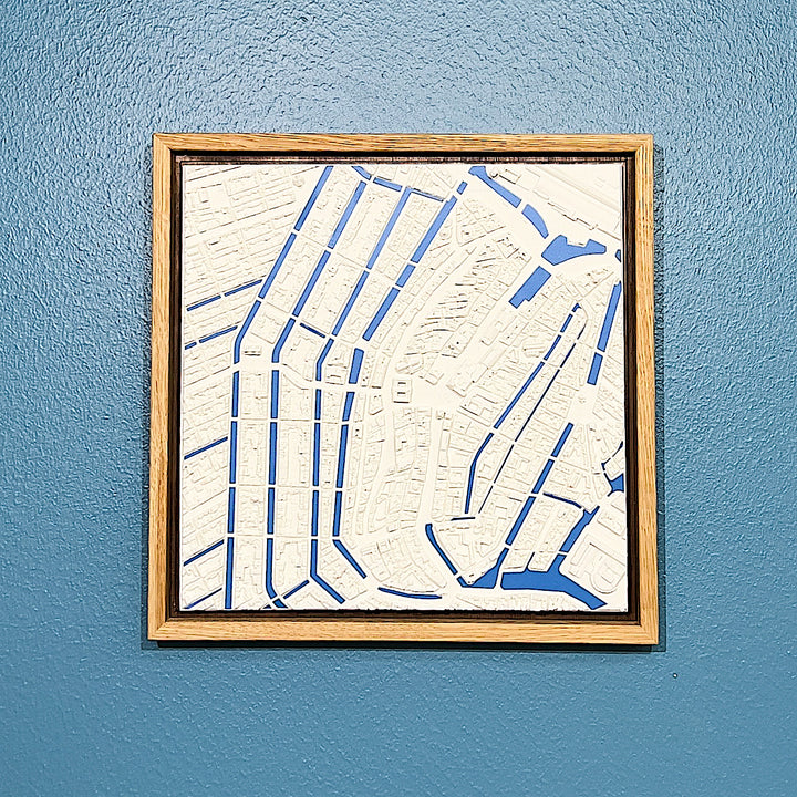 3D map of Amsterdam with a light frame and blue coloured water