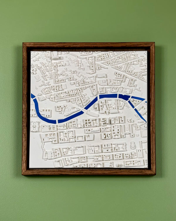 3D map of Berlin with a dark frame and blue coloured water