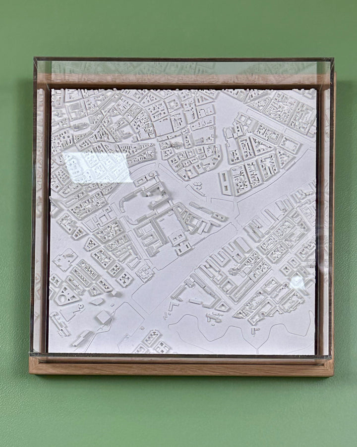 3D map of Copenhagen with a light frame and acrylic case