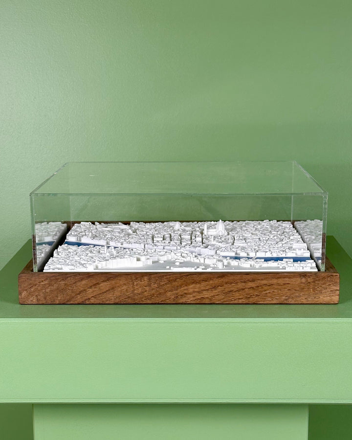 3D map of Florence with a dark frame, acrylic case and blue coloured water