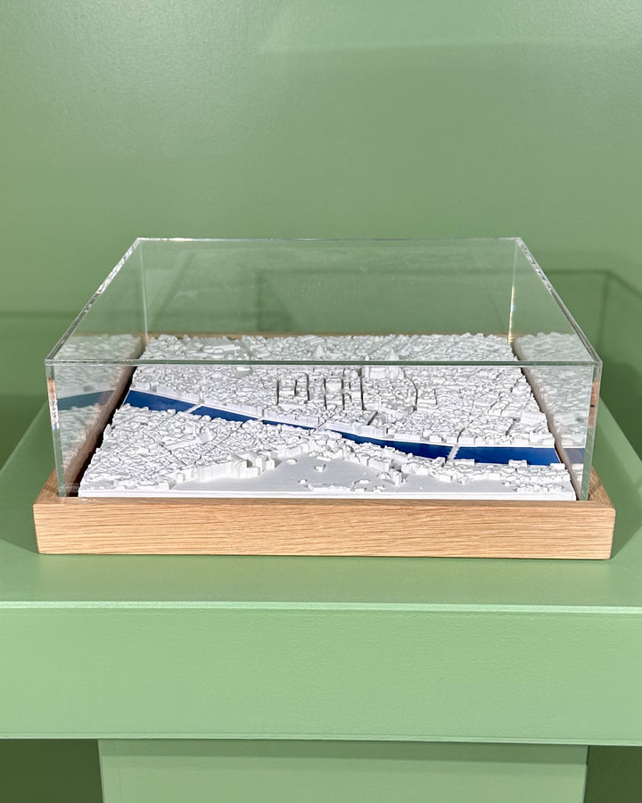 3D map of Florence with a light frame, acrylic case and blue coloured water.