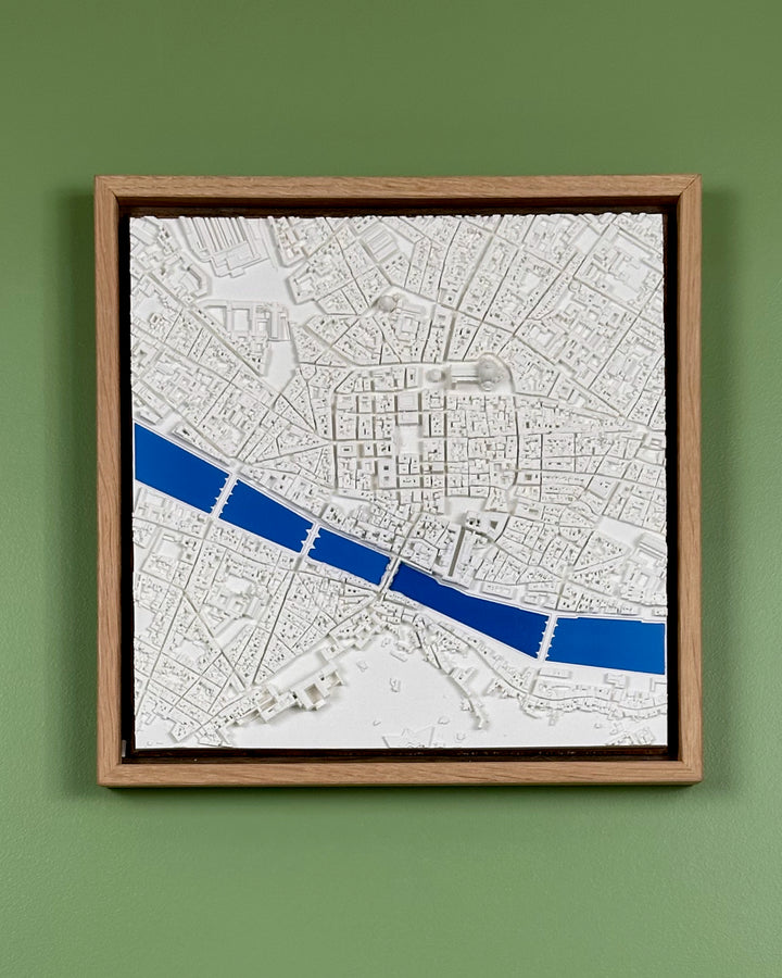 3D map of Florence with a light frame and blue coloured water.