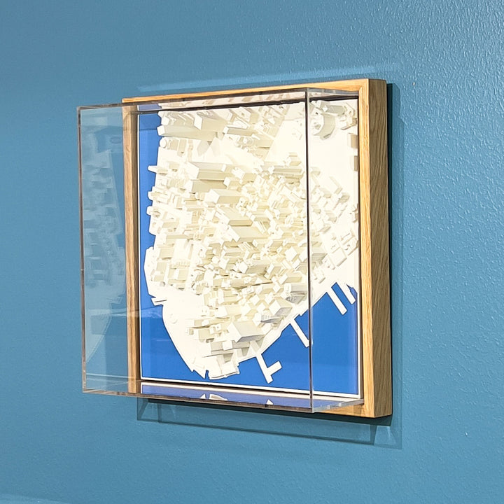3D map of New York with a light frame, acrylic case and blue water