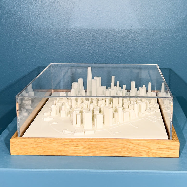 3D map of New York city with a light frame and acrylic case