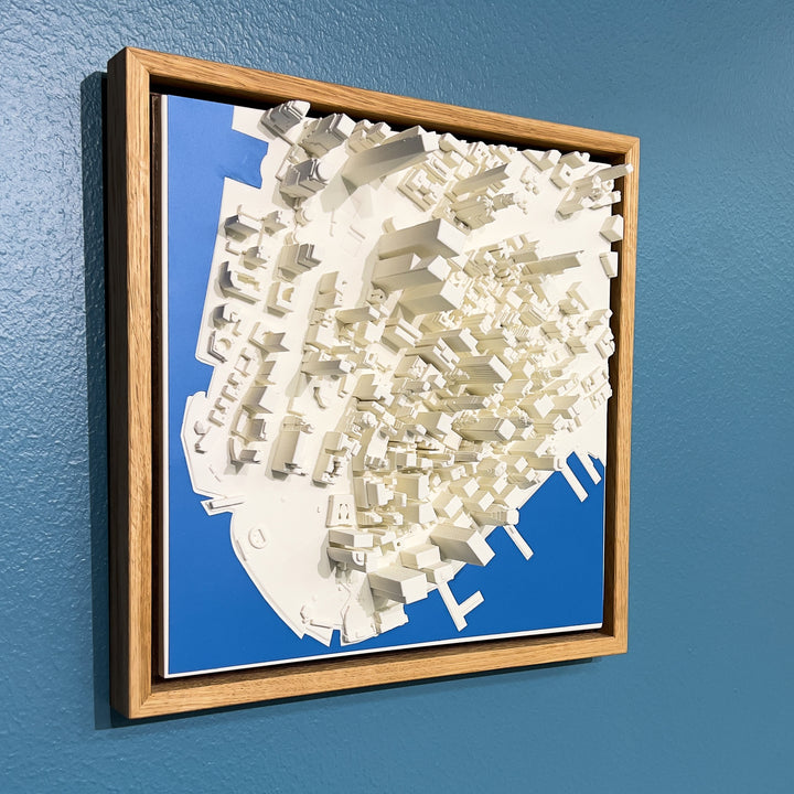 3D map of New York with a light frame and blue water