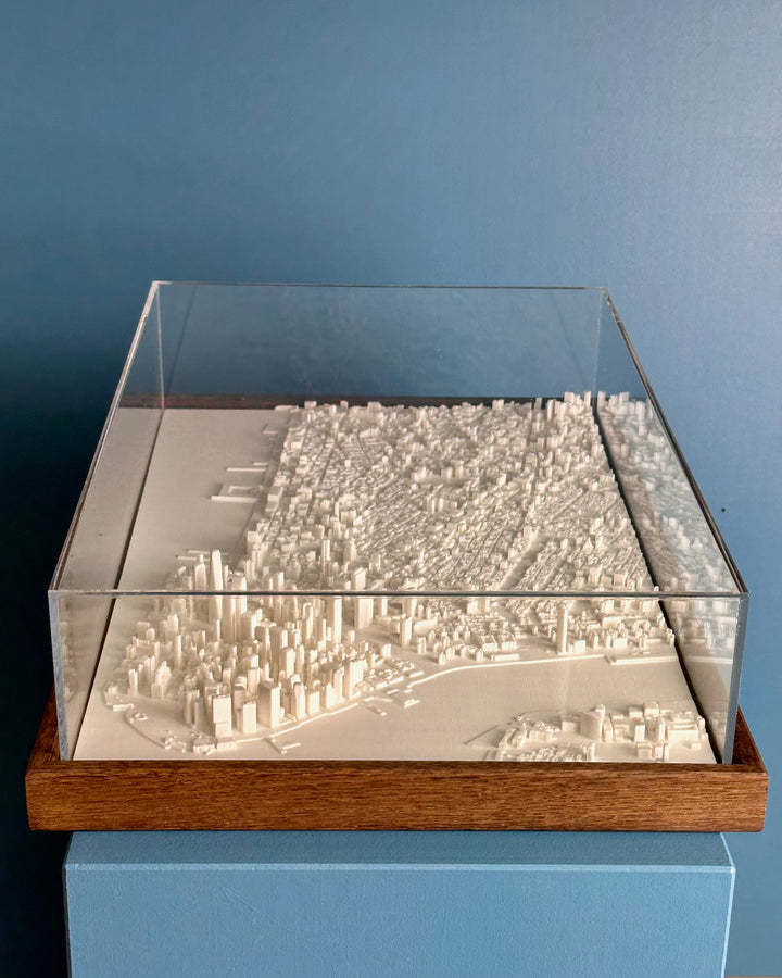 Medium format New York cityscape with a dark frame and acrylic case