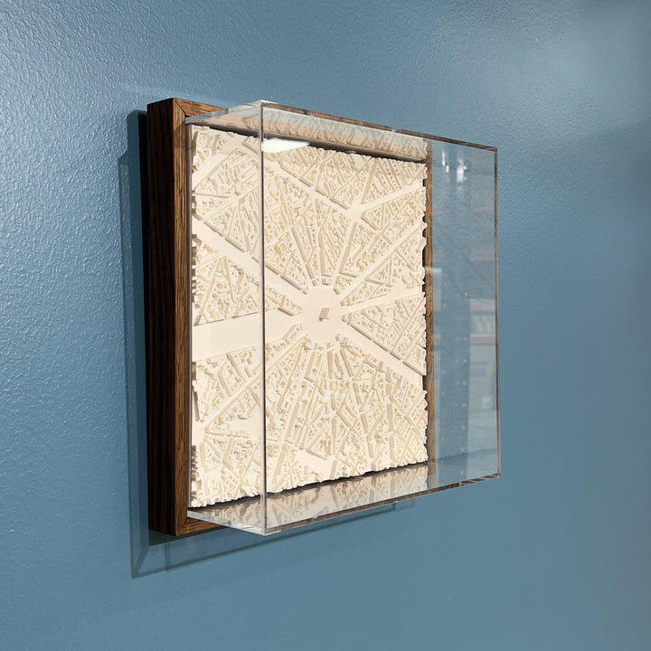 3D map of Paris Arc de Triomphe with a dark frame and acrylic case