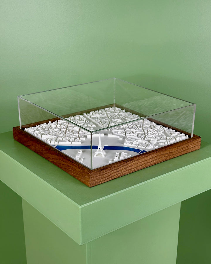 3D map of Place Trocadero in Paris with dark frame, acrylic case and blue river