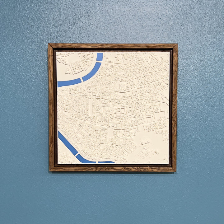 3D map of Rome with a dark frame and blue water