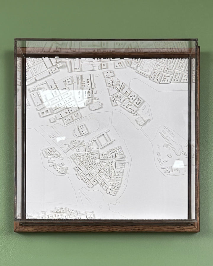 3D map of Stockholm with a dark frame and acrylic case