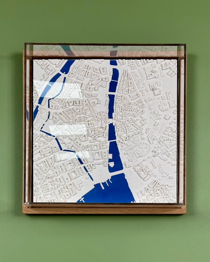 3D map of Zurich with light frame, acrylic case and blue water.
