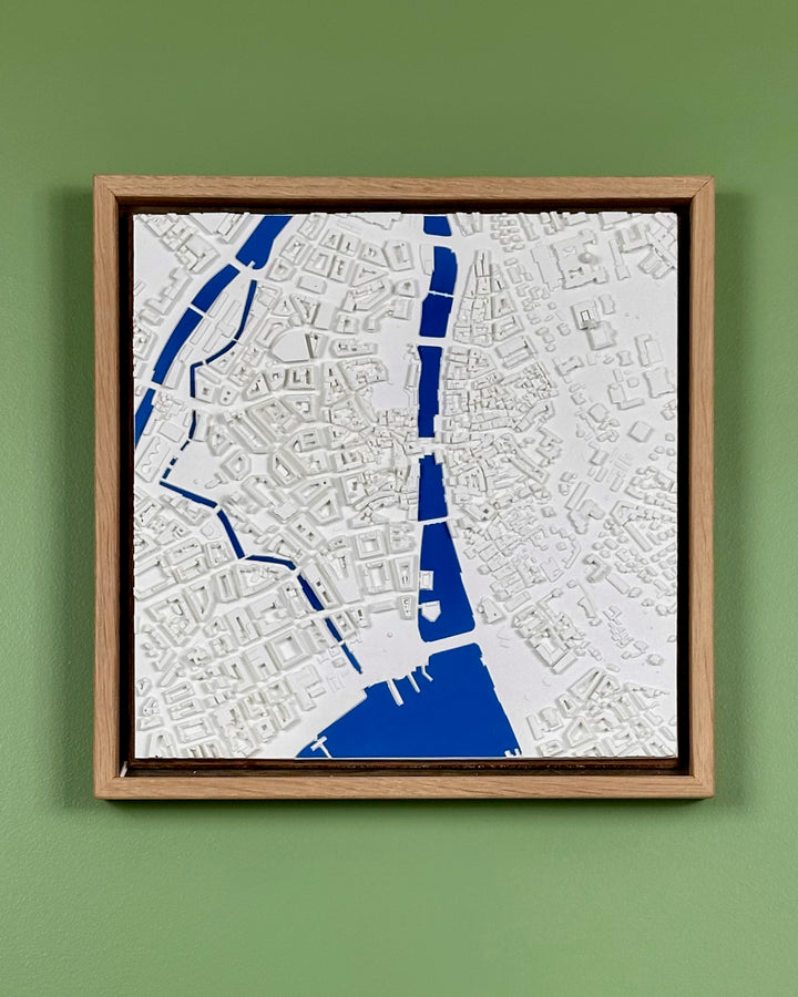 3D map of Zurich with light frame and blue water.