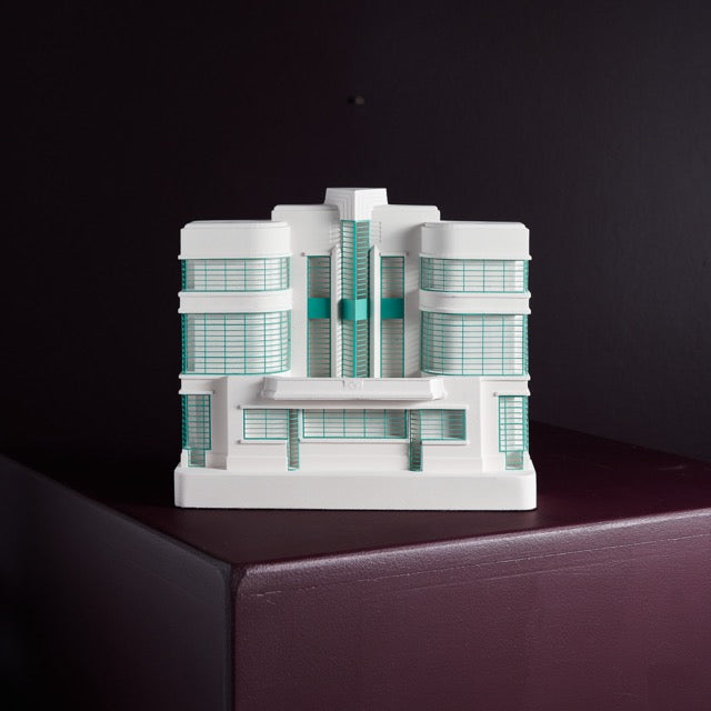 Hoover Building architectural model on burgundy plinth