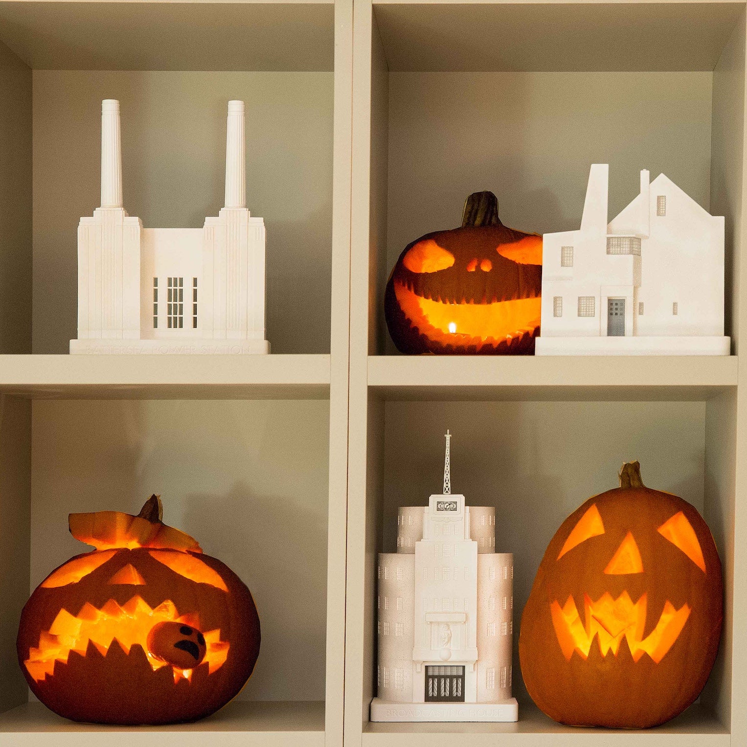 Battersea Power Station, Hill House and Broadcasting House models together with carved pumpkins