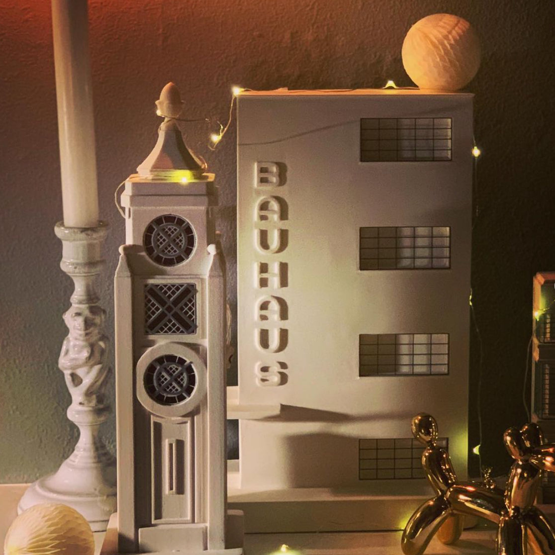 OXO Tower and Bauhaus Building models in a party display